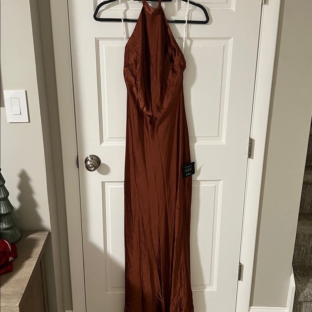 Lulus Love in Your Life Rust Brown Satin Halter Maxi Dress size XS NEW - Picture 5 of 10